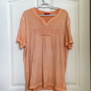 GUESS Denim Mens V Neck Short Sleeves TShirt Orange 2XL Logo Printed